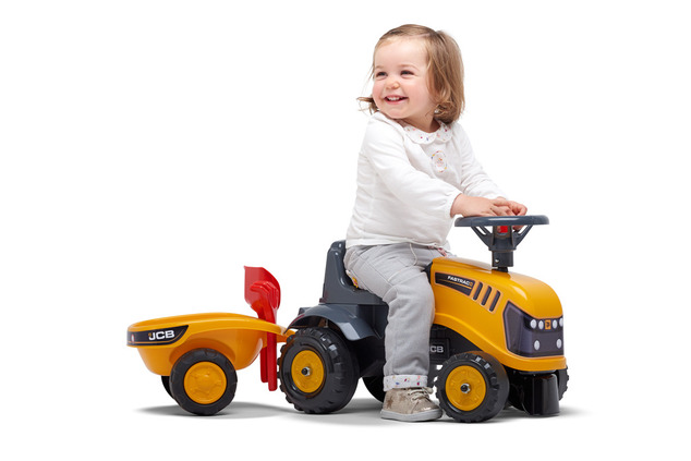 Falk Odrážadlo 215C Baby JCB giallo con rimorchio e paletta con rastrello