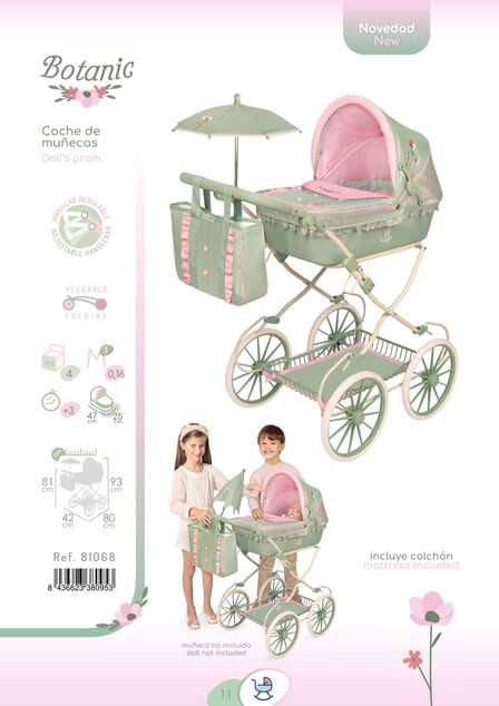 DeCuevas 81068 Passeggino pieghevole per bambole con borsa e accessori Botanic 2026 – 81 cm