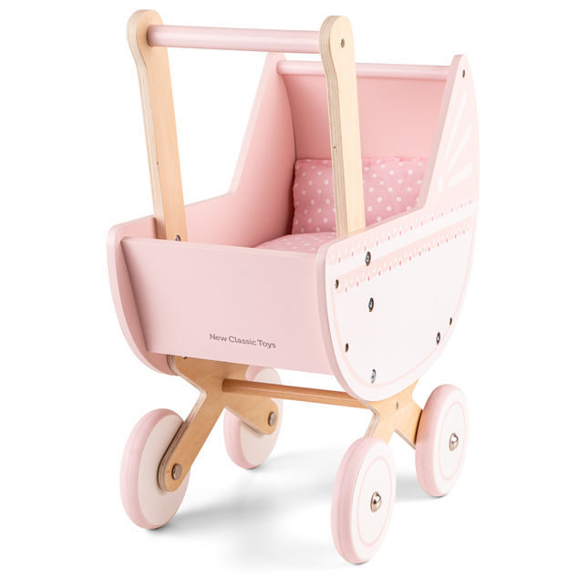 New Classic Toys Holzpuppenwagen mit Kissen und Decke - rosa