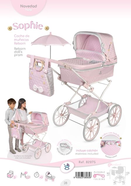 DeCuevas 82075 Passeggino pieghevole per bambole REBORN con ombrellone e accessori Sophie 2025 -