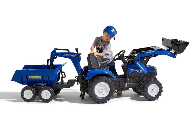 Falk Šliapací traktor 3090W New Holland T8 s nakladačom, rypadlom a maxi vlečkou