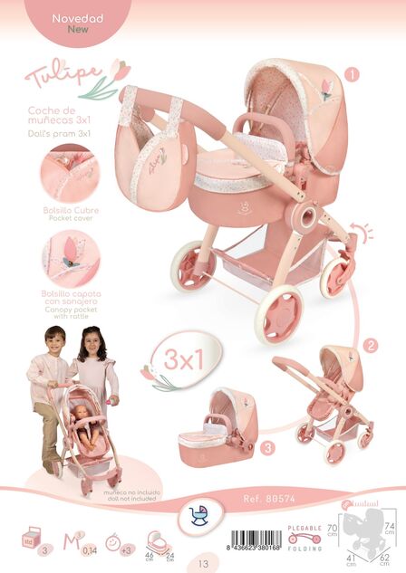 DeCuevas 80574 Skladací kočík pre bábiky 3 v 1 s taškou Tulipe 2025 - 70 cm