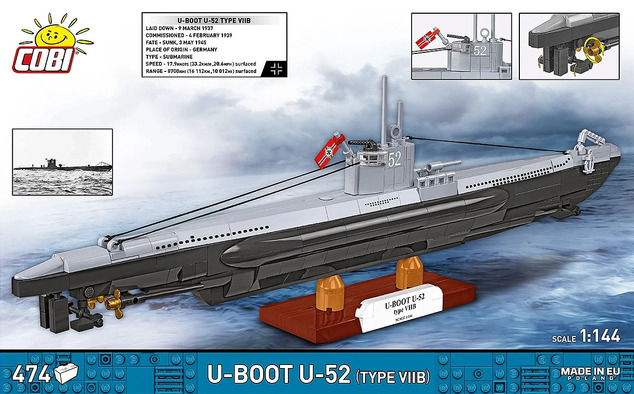 Cobi 4852 World War II Nemecká ponorka VIIB (U-Boat U-52), 1:144, 470 k