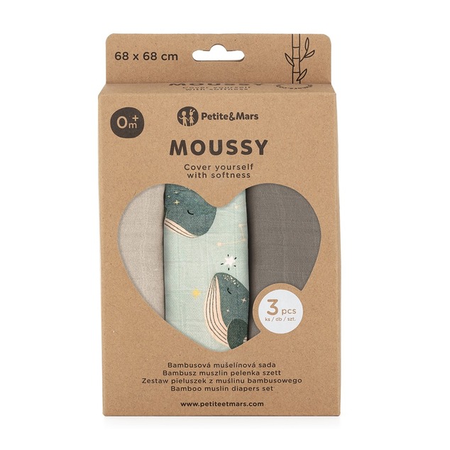 PETITE&amp;MARS Set aus Bambus-Musselin-Windeln 3 Stück Moussy Whale Song 68 x 68 cm