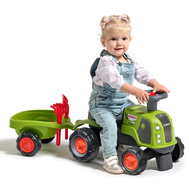 Falk Traktor Baby Claas mit Lenkrad, Hupe, Anhänger, Rechen und Schaufel