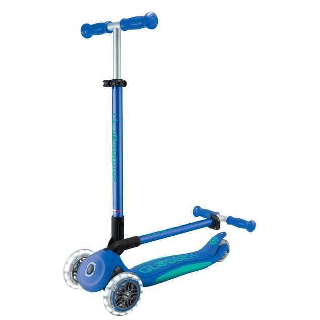 Globber Kinder-Klapproller – Primo Folding Plus Lights V2 Marineblau/Smaragdgrün