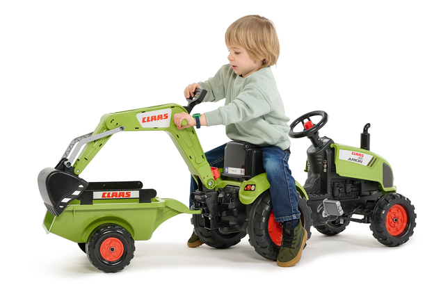 Falk Tractor de pedales Claas Arion 410 con excavadora y remolque