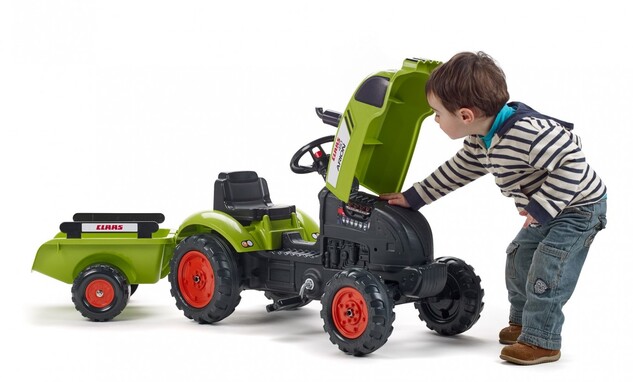 Falk Šliapací traktor 2041C Claas Arion s vlečkou a otváracou kapotou