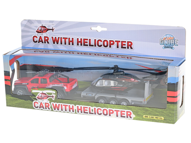 Kids Globe Traffic auto terénne 13cm kov na spätný chod s prívesom + helikoptéra 20cm