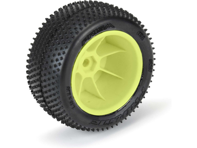 Pro-Line kolo 1:18, pneu Prism Carpet zadné, disk H8 žltý (2) (Losi Mini-B)
