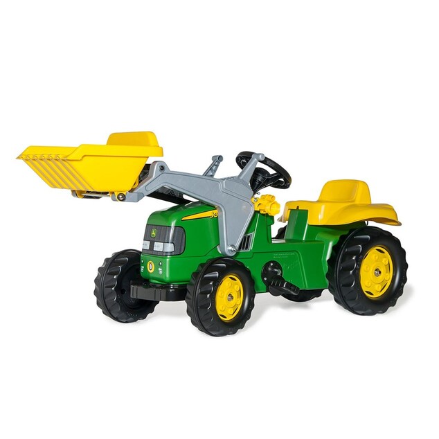 Rollytoys Šliapací traktor Rolly Kid John Deere s vlečkou a nakladačom - zelený