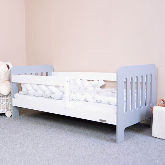 Gyerekágy korláttal New Baby ERIK 140x70 cm fehér-szürke