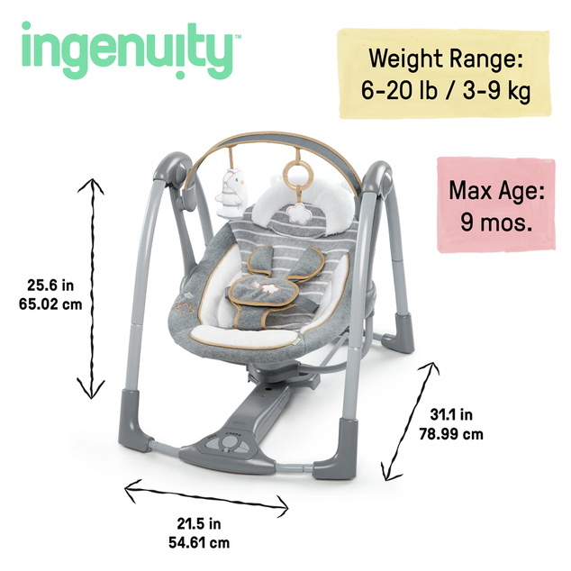 INGENUITY Altalena convertibile da viaggio con melodia Bella Teddy™ 0m+ fino a 9kg