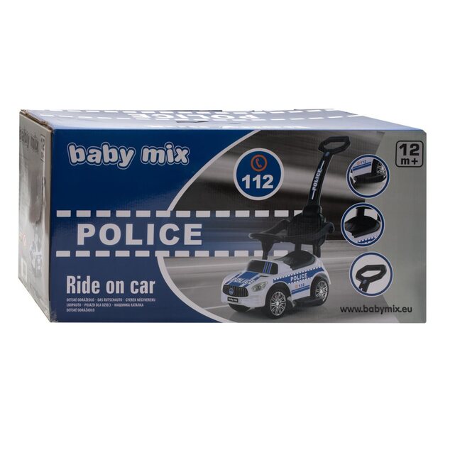 Detské odrážadlo so zvukom a vodiacou tyčou Baby Mix POLICE biele