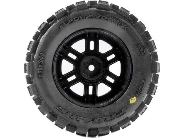 Pro-Line ruota 1:16, pneumatico Badlands, cerchio nero H12mm (2): Arrma Mini Kraton