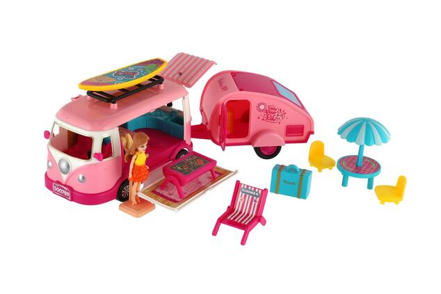 Caravan con rimorchio e bambola retrò con accessori