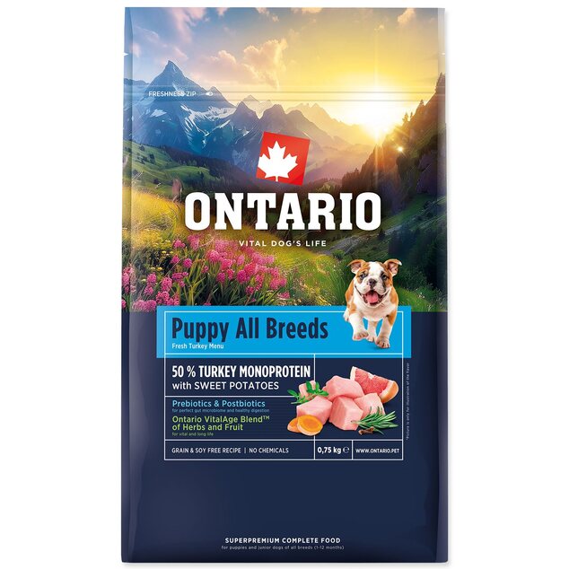 Krmivo Ontario Puppy &amp; Junior All Breeds Monoprotein Turkey &amp; Sweet Potatoes 0,75kg