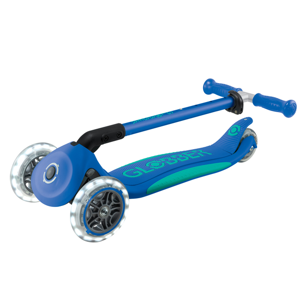 Globber Kinder-Klapproller – Primo Folding Plus Lights V2 Marineblau/Smaragdgrün