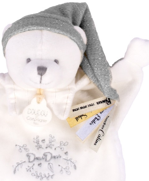 Doudou Darčeková sada Plyšový muchláčik medvedík s čiapočkou sivý 25 cm