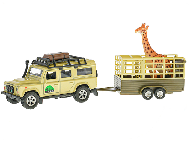 Kids Globe Traffic Land Rover Defender 14cm kov na spätný chod s prívesom 14cm a žirafa