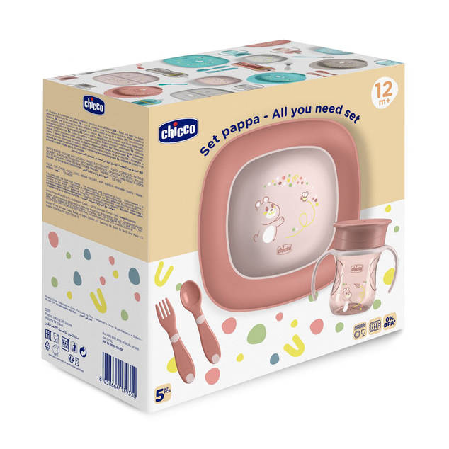 CHICCO Set za jelo - zdjela, tanjur, boca i pribor pink 12m+