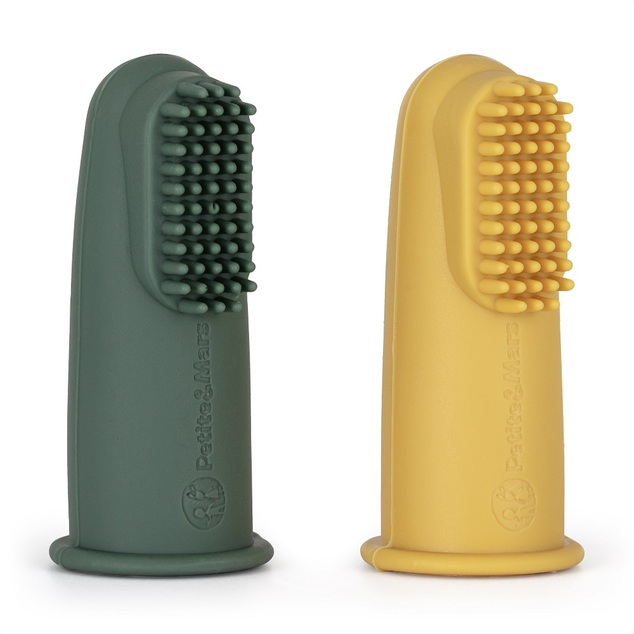 PETITE&amp;MARS szilikon ujjfogkefe készlet Ochre&amp;Green 2 db 0m+