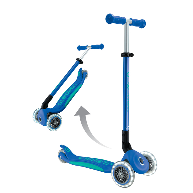 Globber Kinder-Klapproller – Primo Folding Plus Lights V2 Marineblau/Smaragdgrün