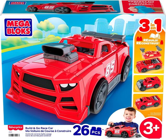 Mattel Mega Bloks Gradbeni komplet dirkalnega avtomobila 3 v 1