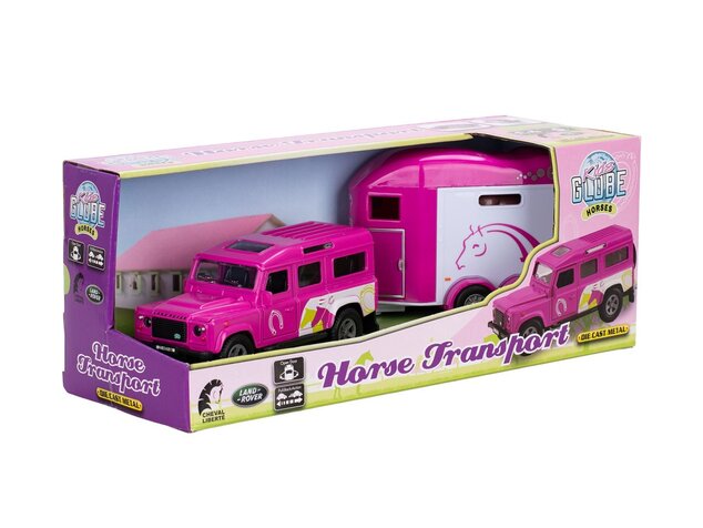 Kids Globe Traffic Land Rover ružový kov s prívesom pre kone 28cm spätný chod