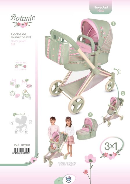 DeCuevas 81768 Cărucior pliabil pentru păpuși 3 în 1 cu geantă Botanic 2026 – 73 cm