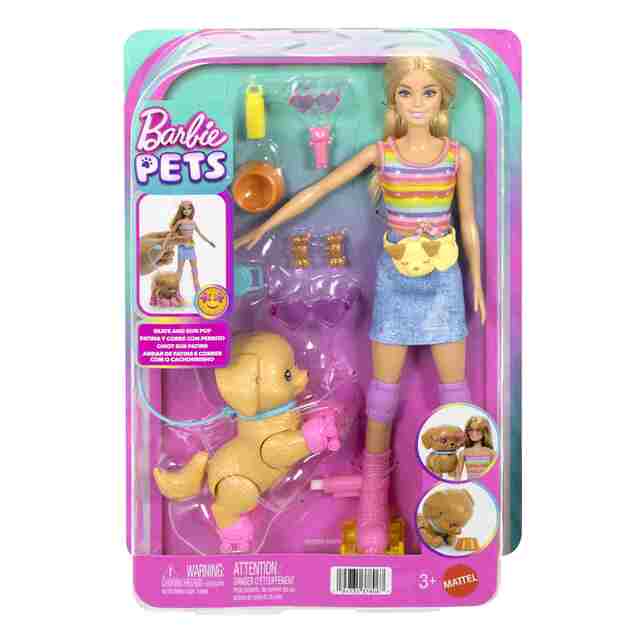Muñeca Barbie con perrito en patines Rubia