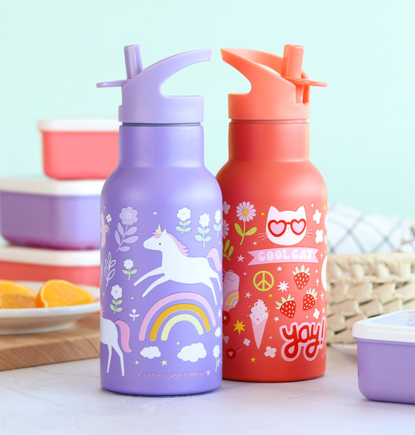 A Little Lovely Company - bottiglia d'acqua in acciaio inossidabile, 350 ml - unicorni e arcobaleno