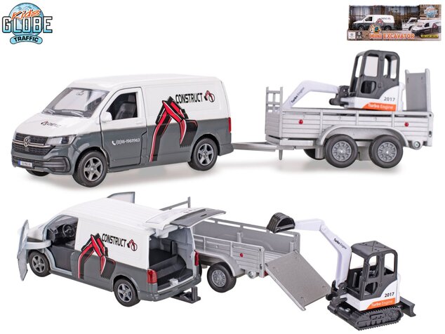 Kids Globe Traffic VW Transporter s prívesom 27cm s mini bagrom