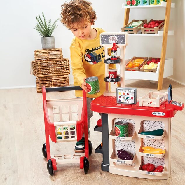 Ecoiffier Banco con alimenti + Carrello della spesa
