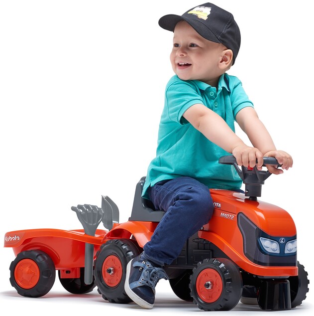 Falk 260C Baby Kubota ride-on traktor s prívesom, hrable &amp; lopata