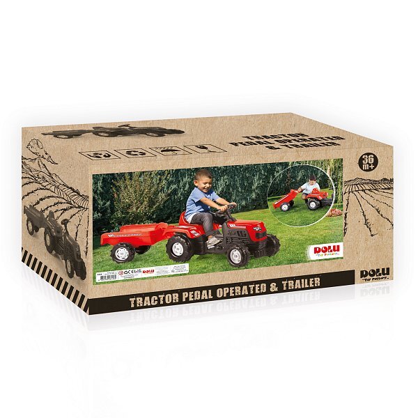 Dolu šliapací traktor Ranchero s vlečkou, červený