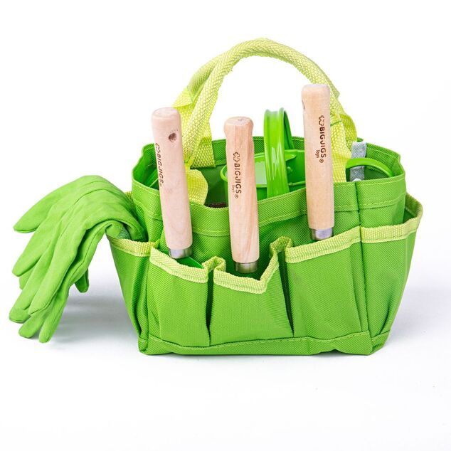 Bigjigs Toys Záhradný set náradia v plátennej taške zelený