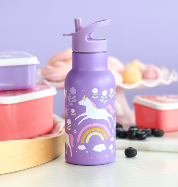 A Little Lovely Company - bottiglia d'acqua in acciaio inossidabile, 350 ml - unicorni e arcobaleno