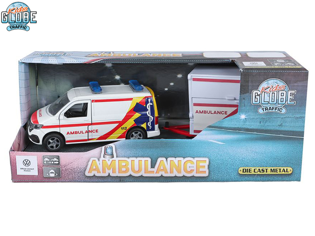 Kids Globe Traffic VW Transporter ambulancia 27,5cm kov spätný chod s prívesom