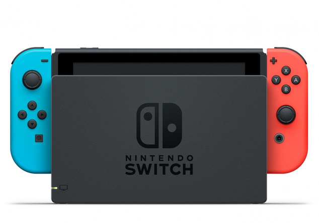 Nintendo Switch console with neon blue &amp; red Joy-Con