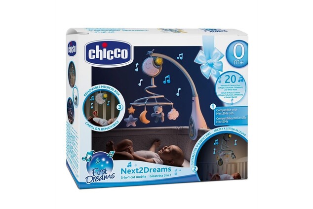 CHICCO Kolotoč nad postieľku a závesná hračka 3v1 Next2Dreams modrá 0m+