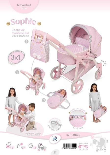 DeCuevas 81675 Skladací kočík pre bábiky 3 v 1 s prenosnou taškou Sophie 2025 - 75 cm