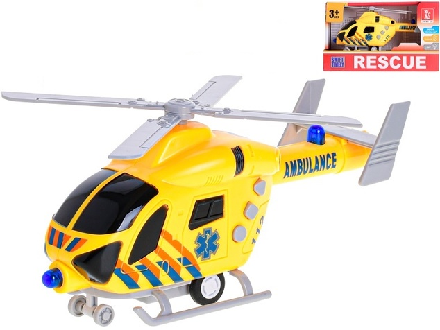 Helikoptéra ambulancie 20cm na zotrvačník na batérie so svetlom a zvukom v krabičke