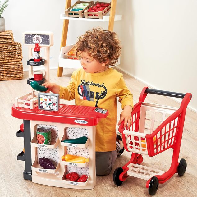 Ecoiffier Banco con alimenti + Carrello della spesa