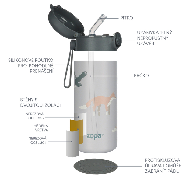 Termoska na tekutiny so slamkou a silikónovým držiakom 350 ml, Dino