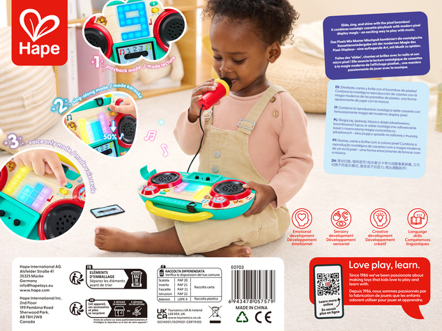 Hape Boombox rádio s mikrofónom Pixelz - so svetelnými a zvukovými efektmi