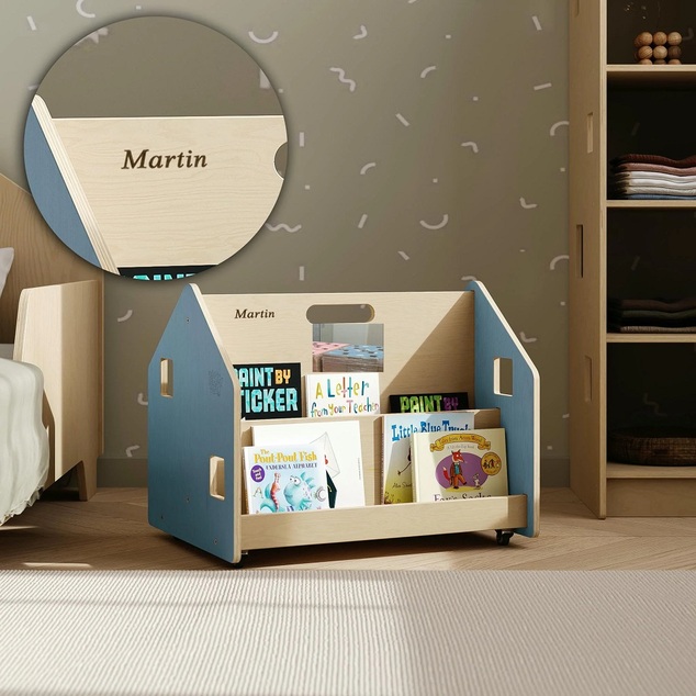 BusyKids Bibliothèque double face sur roulettes bleue