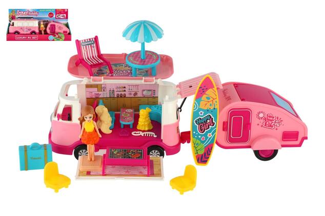 Caravan con rimorchio e bambola retrò con accessori