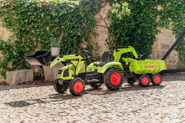 Falk šliapací traktor 2070W Claas backhoe s prednou a zadnou lyžicou a prívesom