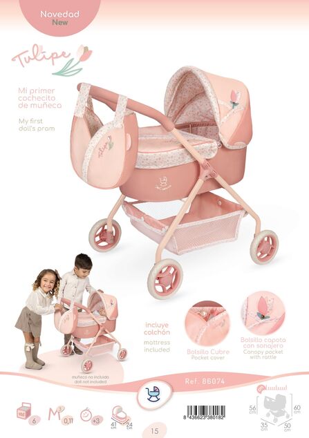 DeCuevas 86074 Môj prvý kočík pre bábiky s taškou Tulipe 2025 - 56 cm